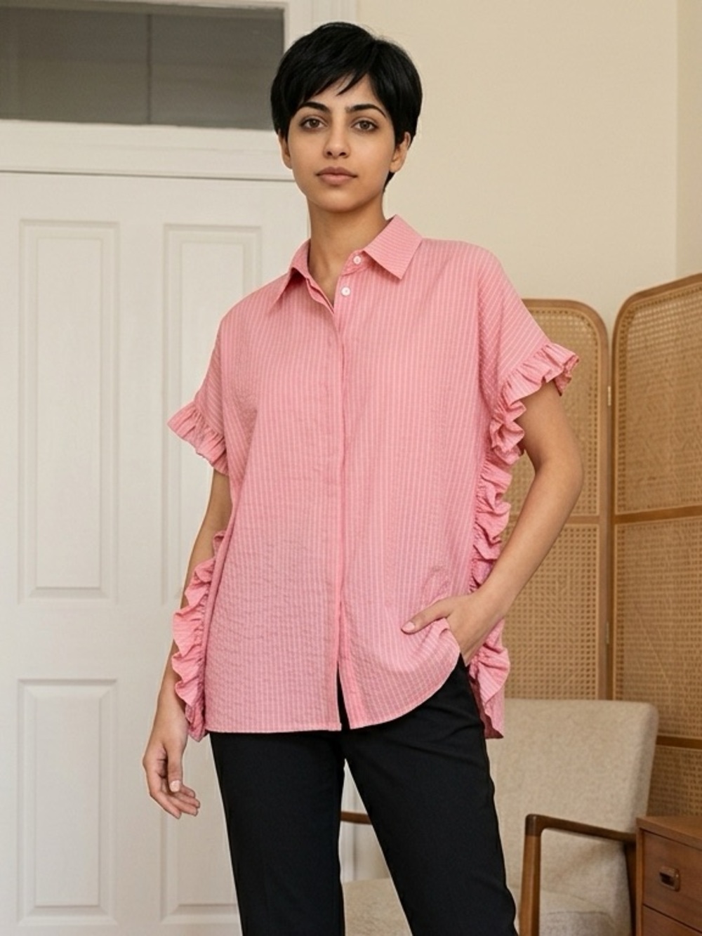 NWT Harshman Women’s Darcy Rose Pink Seersucker Ruffle Blouse Top Oversized - L